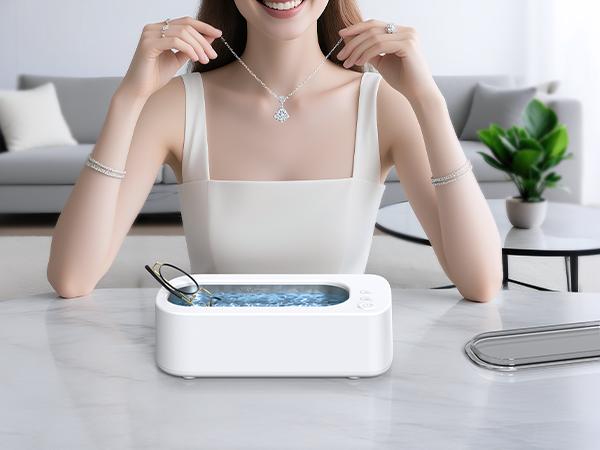Portable Ultrasonic Jewelry Cleaner Machine - 48KHz, 304 Stainless Steel Tank, UV Light, Sonic Cleaning Device for Eyeglasses, Rings, Earrings, Necklace, Silver, Watch Bands, Dentures, Retainers,  Coins,  Razors MH, Makeup Tools and Small Metal Parts