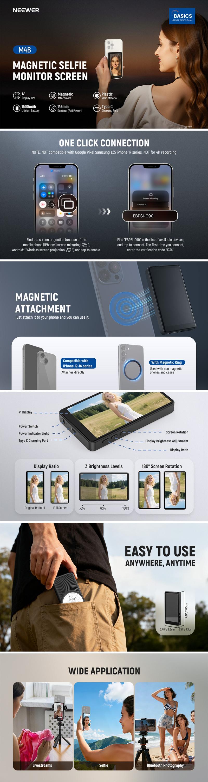 NEEWER BASICS M4B 4" Vlog Selfie Monitor Screen for iPhone, Magnetic Phone Back Camera Monitor, Wireless Connection/Bluetooth Remote/2h 25min Runtime/Type C Charging for Vlogging Live Stream NEEWER BASICS M4B 4" Vlog Selfie Monitor Screen for iPhone, Magnetic Phone Back Camera Monitor, Wireless Connection/Bluetooth Remote/2h 25min Runtime/Type C Charging for Vlogging Live Stream