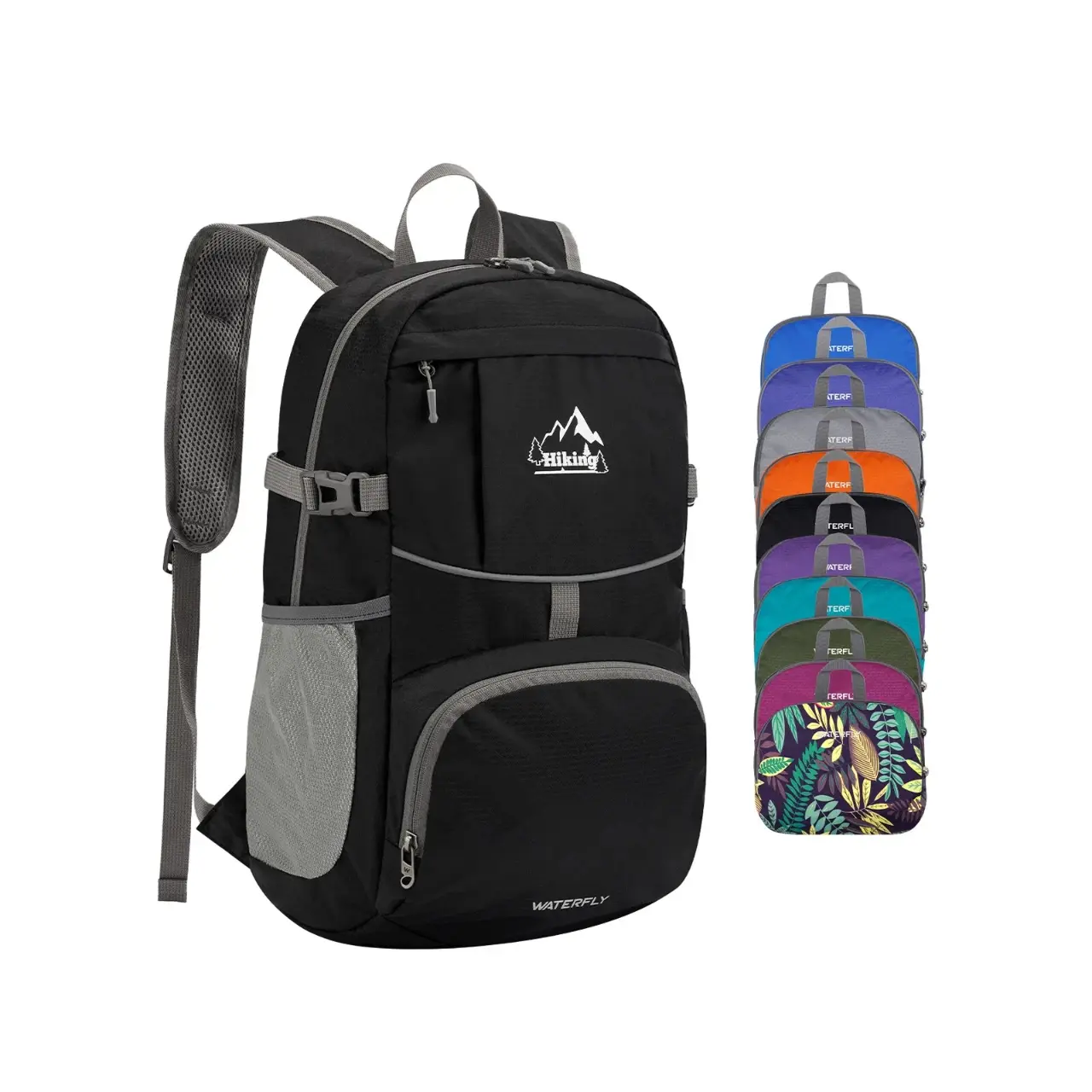 WATERFLY Unisex Packable Hiking Backpack, 25L Ultra Lightweight Backpacking Gear - Durable Outdoor Hiking Bag with Reflective Pattern, 2 Mesh Side Pockets for Camping Travel, Adjustable Straps