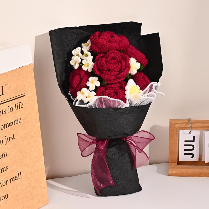 Valentine's Day Crochet Flower Bouquet Red Rose, Handmade Knitted Flowers for Valentine Home Decor, Birthday, Wedding, Anniversary, Graduation Gift for Her, Girlfriend, Wife, Women