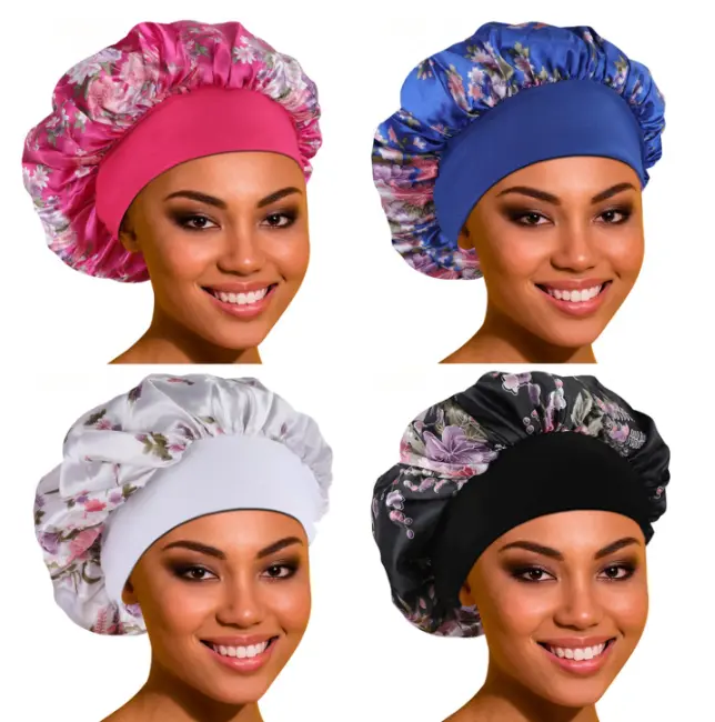 4 Pack Satin Bonnet Silk Hair Bonnet for Sleeping, Sleep Bonnets for Women Large Wide Soft Band Sleep Cap for Curly Hair Braids