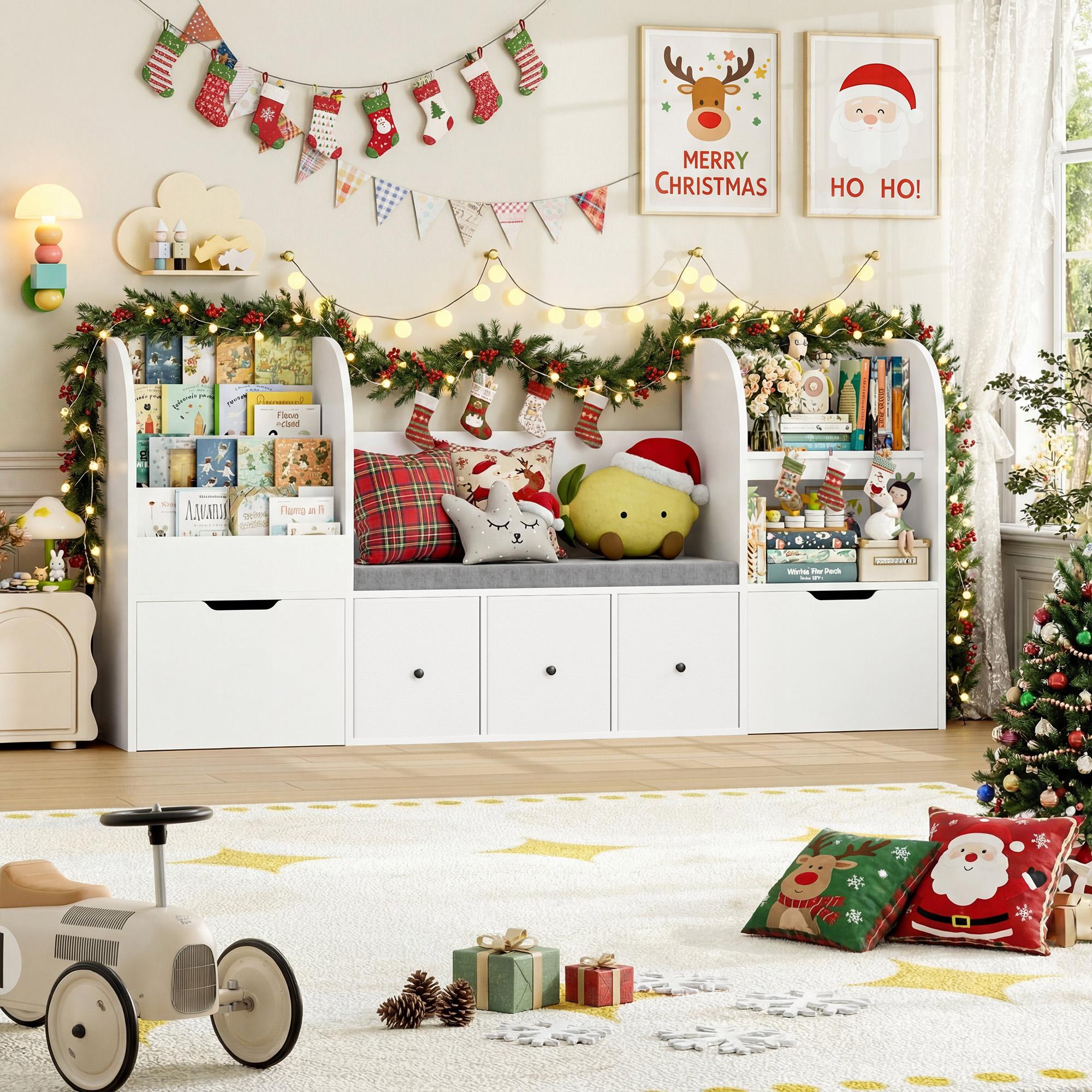 FOTOSOK 71” Kids Bookshelf with Reading Nook, Toy Storage Organizer with Seat Cushion and 2 Movable Drawers & 3 Toy Chests, Kids Reading Nook Toy Organizers and Storage with Bench for Playroom