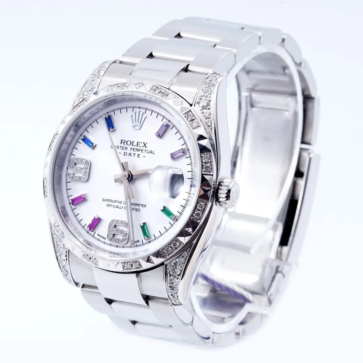 Rolex Oyster Perpetual Date 34 Ref. 115234 - Custom Rainbow Dial & Pineapple Diamond Bezel, Stainless Steel Automatic Watch WHP040688