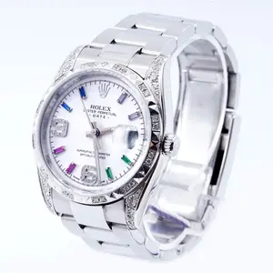 Rolex Oyster Perpetual Date 34 Ref. 115234 - Custom Rainbow Dial & Pineapple Diamond Bezel, Stainless Steel Automatic Watch WHP040688