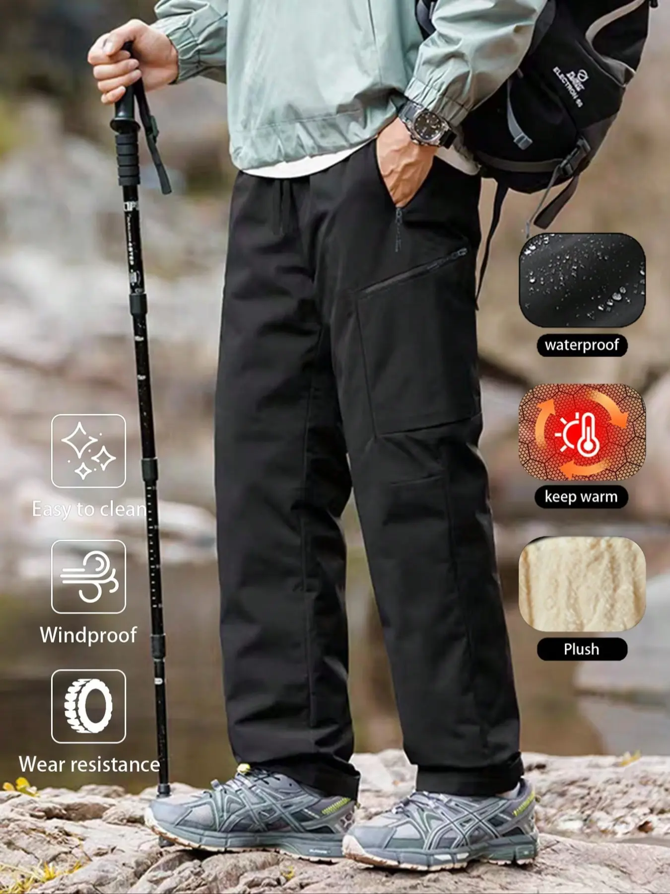 Men's Winter Waterproof Ski Pants, Outdoor Trousers, Athletic Bottoms, Fleece Lined, Thick Insulation, Graphene Heated Pad, Multi-Zip Pockets, Adjustable Waistband