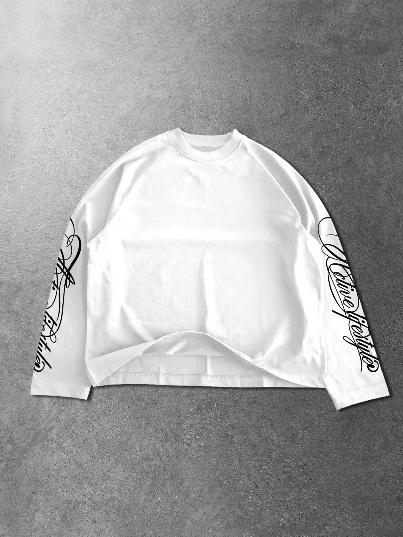 Men's White Letter Print Sleeve Graphic Long Sleeve T-Shirt Fabric, Oversized Loose Fashion Casual Streetwear Menswear Crew Neck Top, Casual Loose Tee, Letters Print Tee, Suitable For Daily Wear And Street Style Outfits