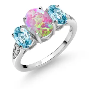 Gem Stone King 10K White Gold 3-Stone Engagement Ring for Women | Gemstone Birthstone and Zircon and Lab Grown Diamond | Oval 8X6MM 6X4MM | Wedding Anniversary Ring