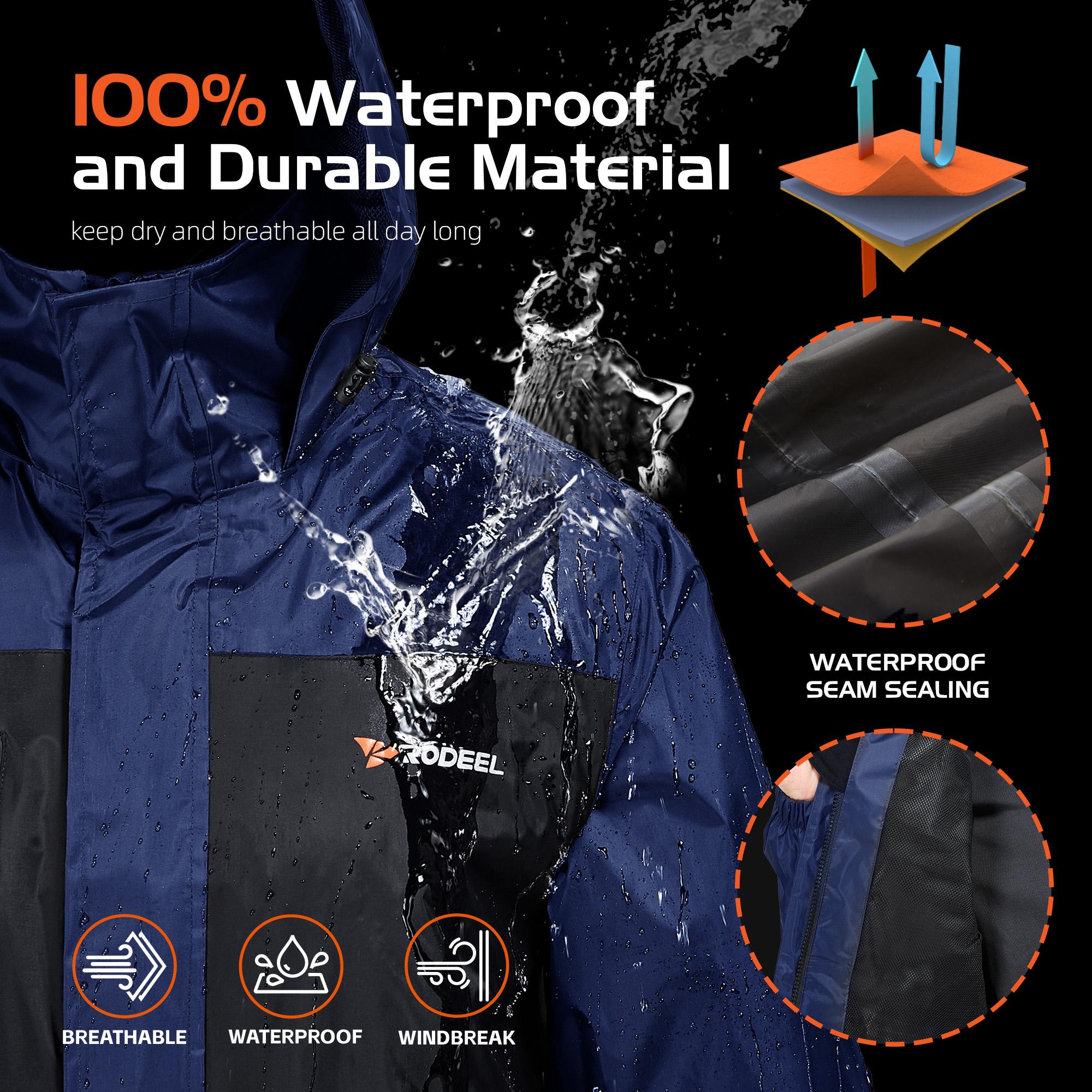 RODEEL 702 Waterproof Jacket and Pants Set Men Lightweight Breathable Full Zip Adjustable Hooded Rain Coat Durable Rain Suit Weatherproof Rainwear Windbreaker For Outdoor Hiking Camping Fishing Boating Construction Landscaping, Holiday Gift