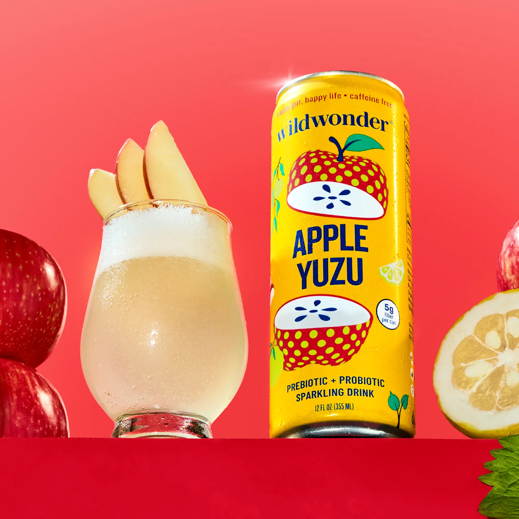 wildwonder Sparkling Probiotic Drink for Gut Health & Immune Support, Apple Yuzu, 5 G Prebiotic Fiber, Live Probiotics, Organic, Vegan, Low Sugar, 12 Oz Can, As Seen on Shark Tank