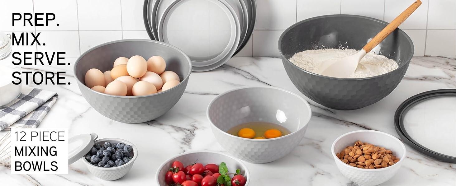 COOK WITH COLOR Mixing Bowls with Lids - 12 Piece Nesting Plastic Bowls Includes 6 Prep Bowls and 6 Lids with Non Slip Bottom Set Tableware