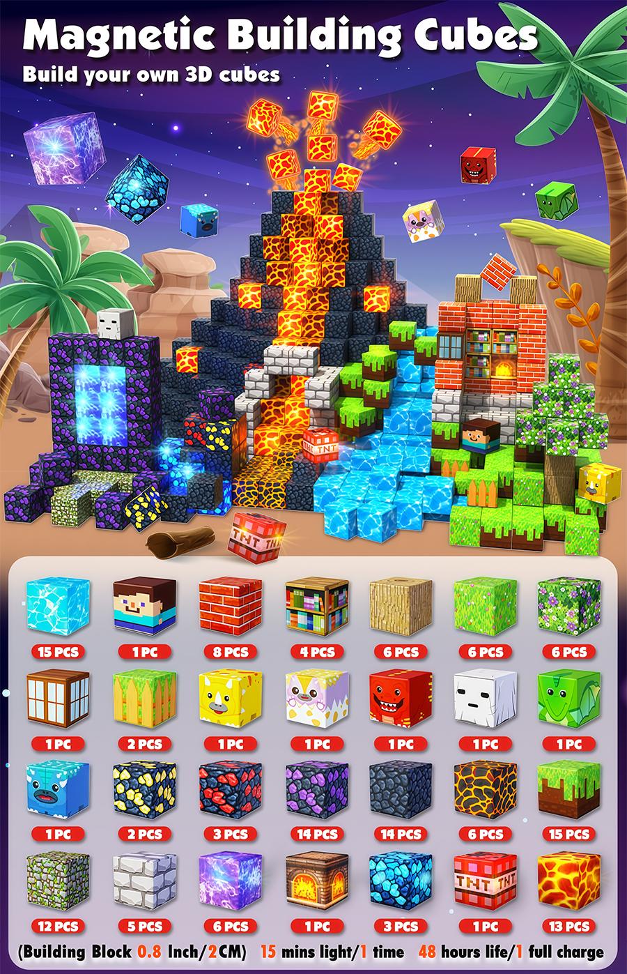 Magnetic Blocks-150PCS Magnetic Building,Light Up Magnet Cubes, Portal Dinosaur Red BrickSTEM Montessori Sensory Toys for Kids Boys Girls Ages 3+ Christmas Birthday