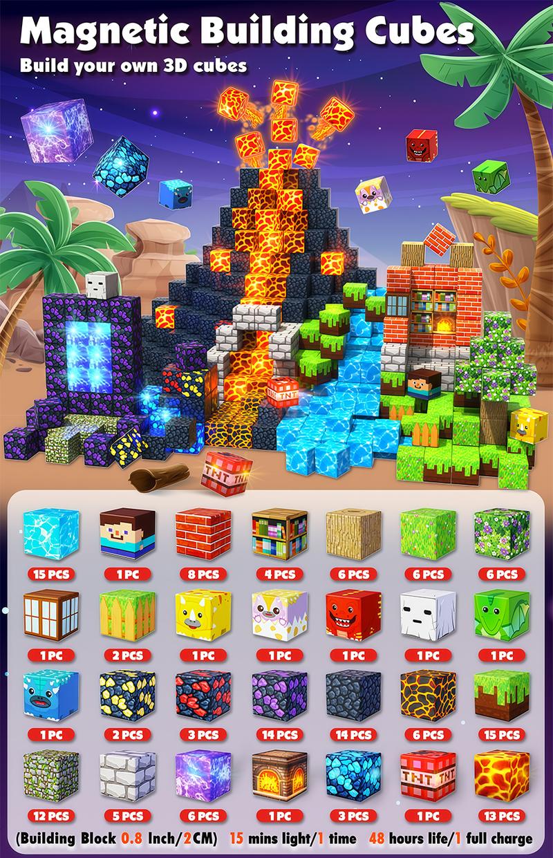 Magnetic Blocks-150PCS Magnetic Building,Light Up Magnet Cubes, Portal Dinosaur Red BrickSTEM Montessori Sensory Toys for Kids Boys Girls Ages 3+ Christmas Birthday