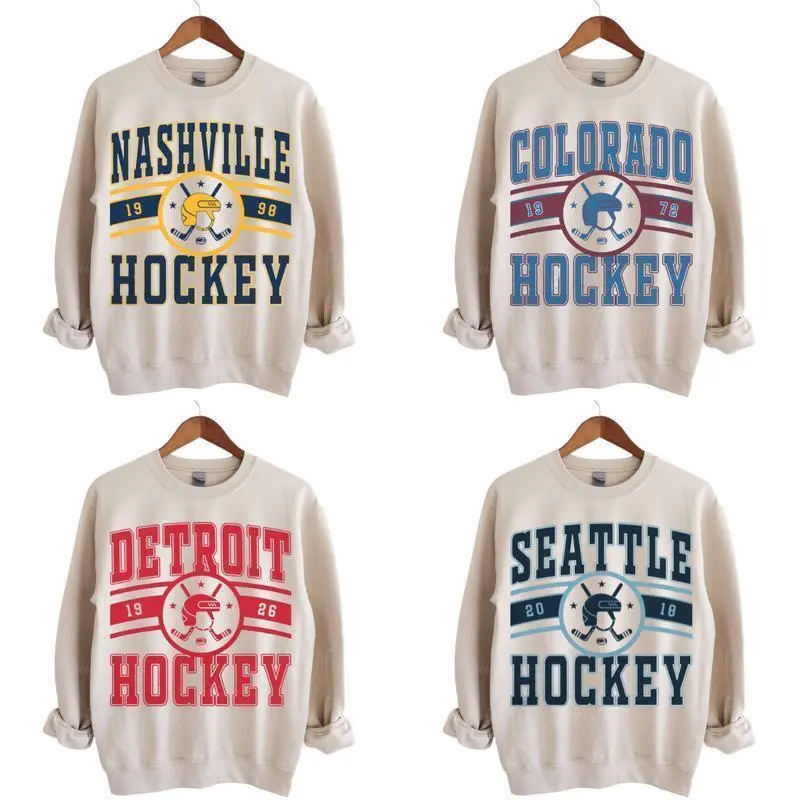 Vintage 90s All Team Hockey fan Sport Sand Sweatshirt, Retro All Team Hockey, Ice Hockey Shirts, Game Day Menswear Classic Fabric