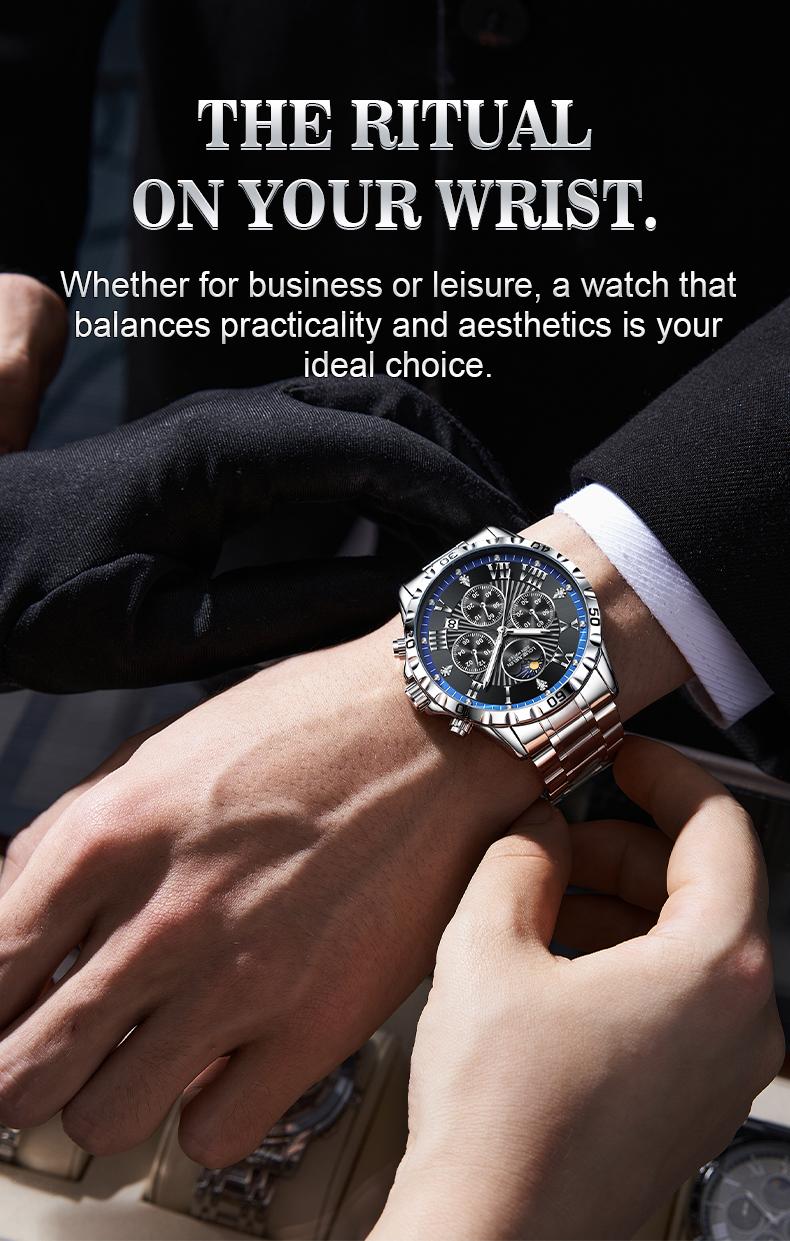 Men's Swiss Elegance Watch,LOUIEJUELEN Commander Series Men's Luxury Swiss Multi-Function Business Watch - Sapphire Crystal, Stainless Steel Bracelet, 42mm Dial, Waterproof, Shockproof, Luminous Display, Ideal for Business & Social Occasions