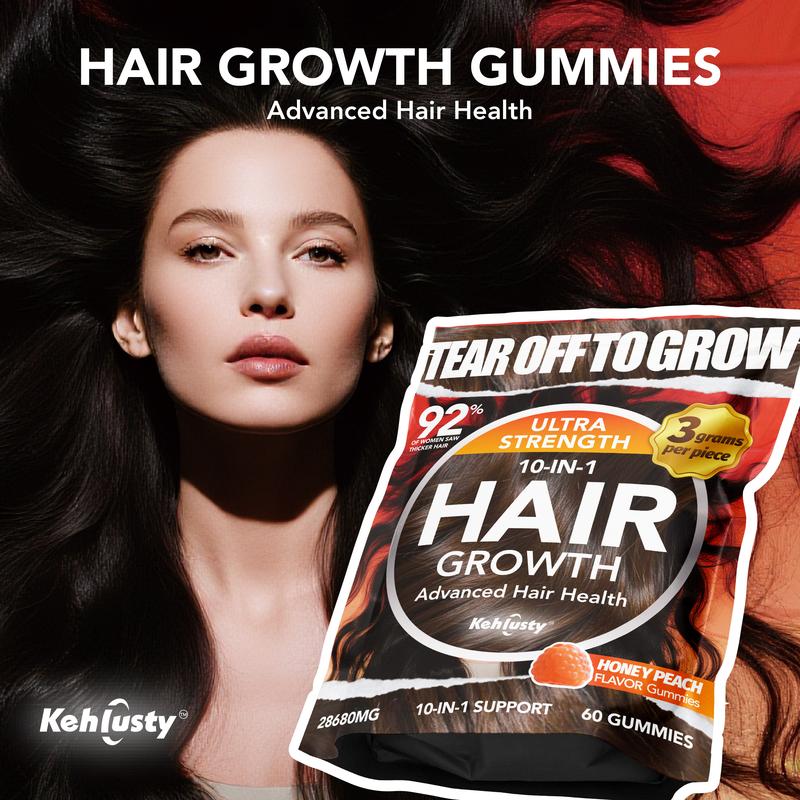 Hair Growth Gummies for Women | 10-in-1 Formula with Biotin, Collagen & Zinc | Supports Thicker, Stronger Hair & Scalp Health | Honey Peach Flavor, 60 Gummies