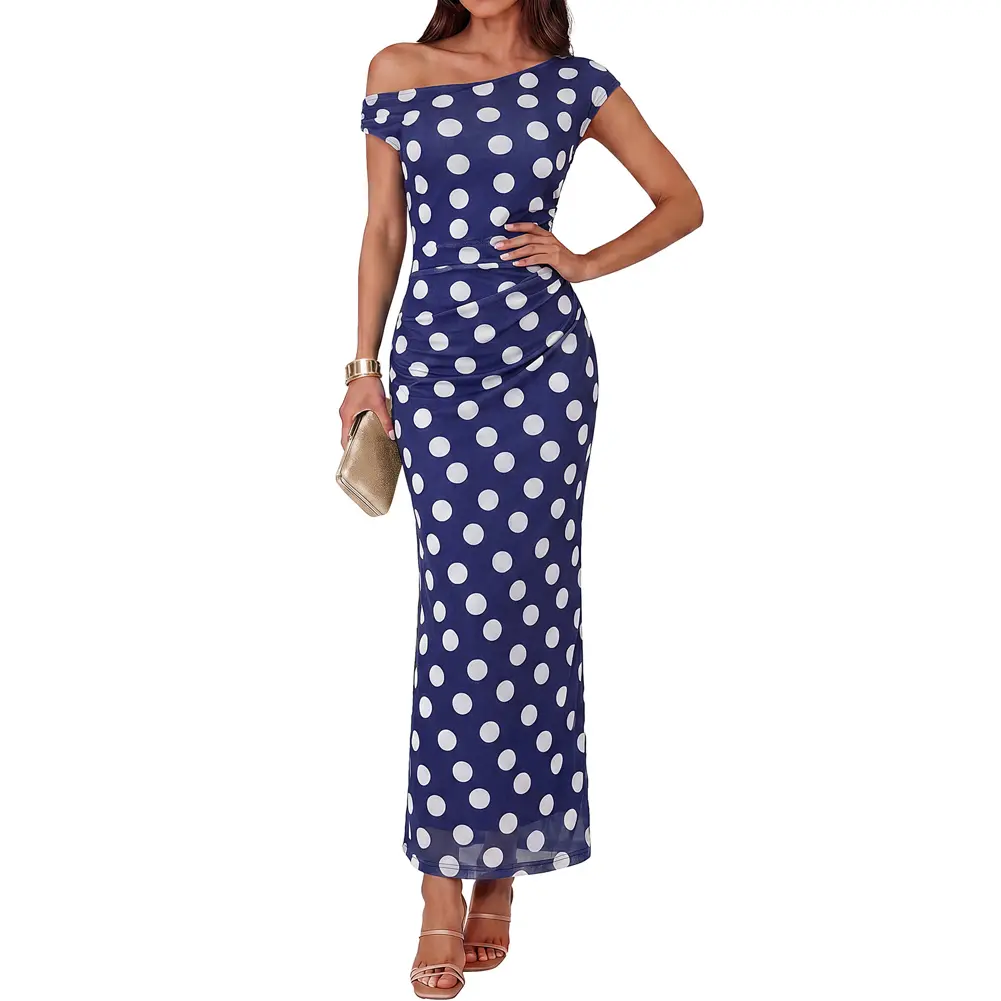 Grace Karin Women Mesh Fabric Party Dress Asymmetric One Shoulder Ruched Maxi Dress