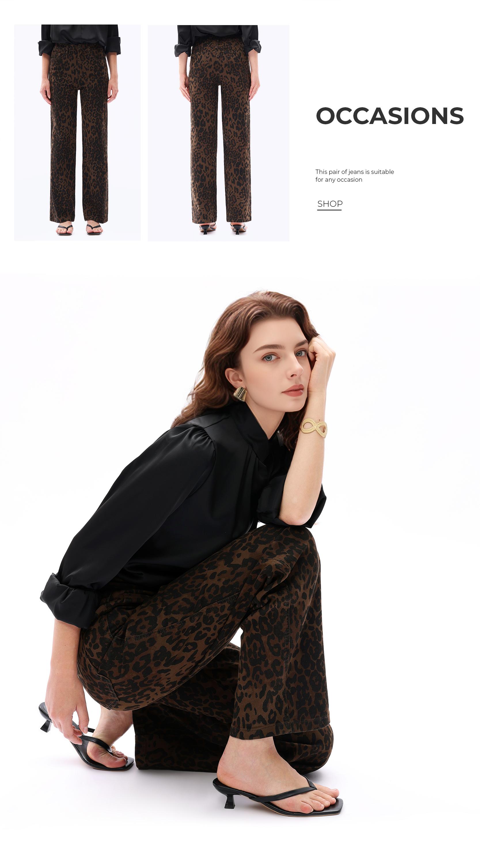 High-Mid Rise Relaxed Straight High Stretchy Pants Leopard Print Design Comfortable Fabric Womeswear Bottoms Pants