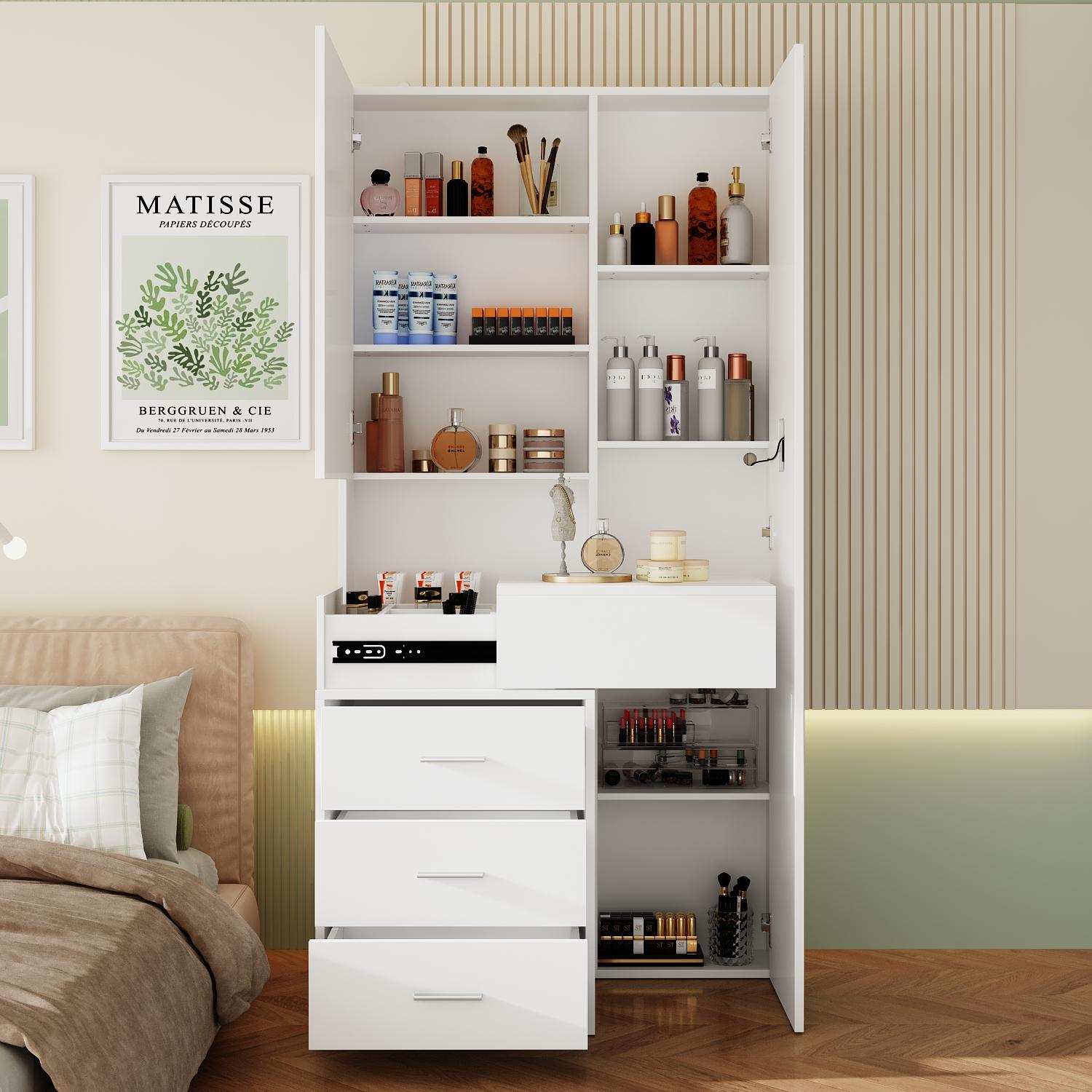 FUFU&GAGA Pink/White/Black Makeup Vanity Desk with Full-length Mirror & 3-Colors Adjustable Lights, 3 Drawers, Sliding Tabletop, Engineered Wood, Generous Storage Capacity