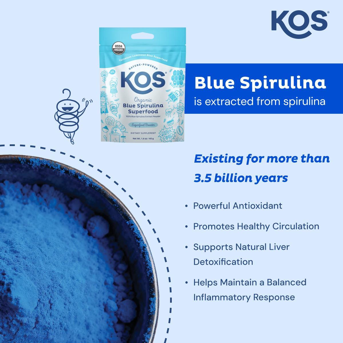 KOS Blue Spirulina Superfood Organic Powder - Powerful Antioxidant & Nutrient Boost, Vibrant Natural Color, Energy & Protein Source, USA Made, GMP & NSF Certified KOS Blue Spirulina Superfood Organic Powder - Powerful Antioxidant & Nutrient Boost, Vibrant Natural Color, Energy & Protein Source, USA Made, GMP & NSF Certified