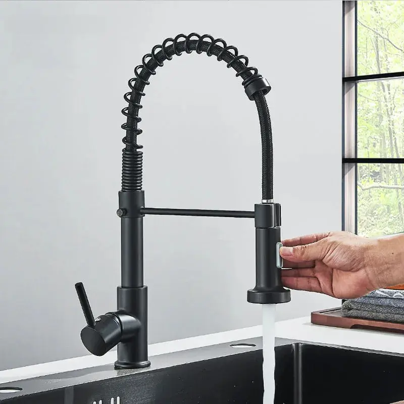 Matte Black Modern Kitchen Sink Faucet - ABS Construction, 360-Degree Rotatable Rotary Faucet, Ceramic Valve, Stream & Spray Modes, Deck-Mounted Hot & Cold Water Tap, Modern Kitchen Faucet