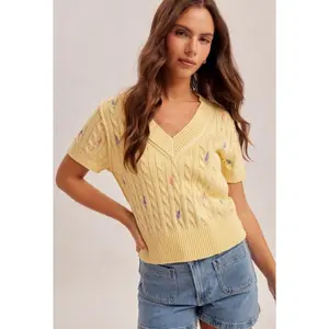 Lemon Floral Embroidered Knit Sweater