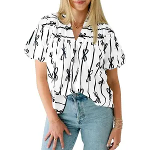 Cicy Bell Womens Summer Babydoll Tops Short Lantern Sleeve Bow Print Blouse V Neck Pleated Casual Cute Tee Shirts  Stretchy Soft Fitted Polyester Fabric  Shortsleeve