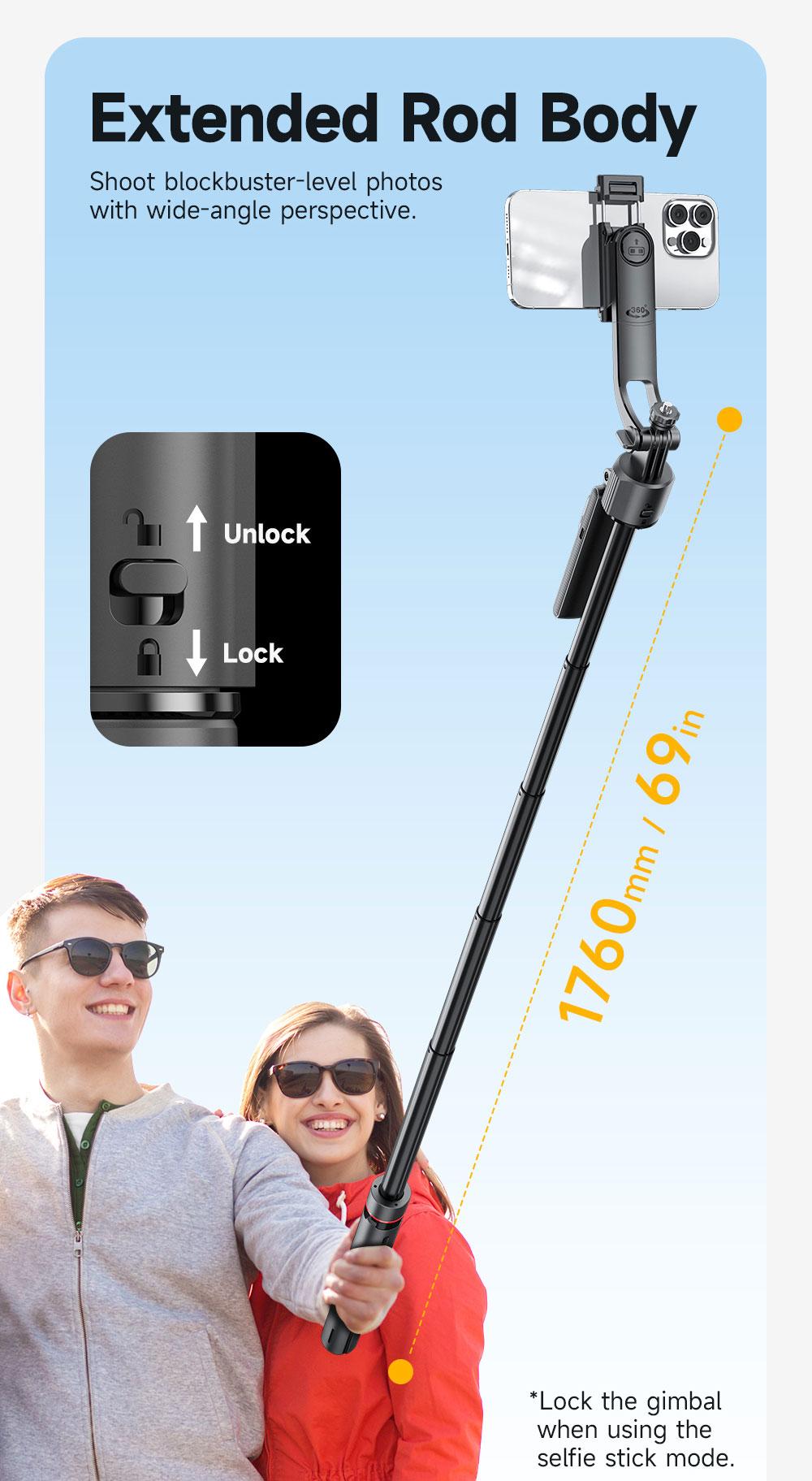 Auto Face Selfie Stick 360° Rotatable Tripod for iPhone One Click Pop Up Gesture Control Handheld Stabilizer Detachable Phone Holder Multifunctional Remote Control 68.9 inches Smartphone Camera Accessories