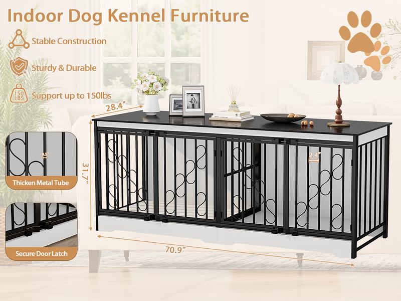 71 Inch Double Dog Crate Furniture Large Breed for 2 Dogs, Decorative Wooden Dog Crates Indoor Dog Kennel TV Stand for Medium Dogs, Dog Cage Furniture Heavy Duty Pet House with Divider, Brown