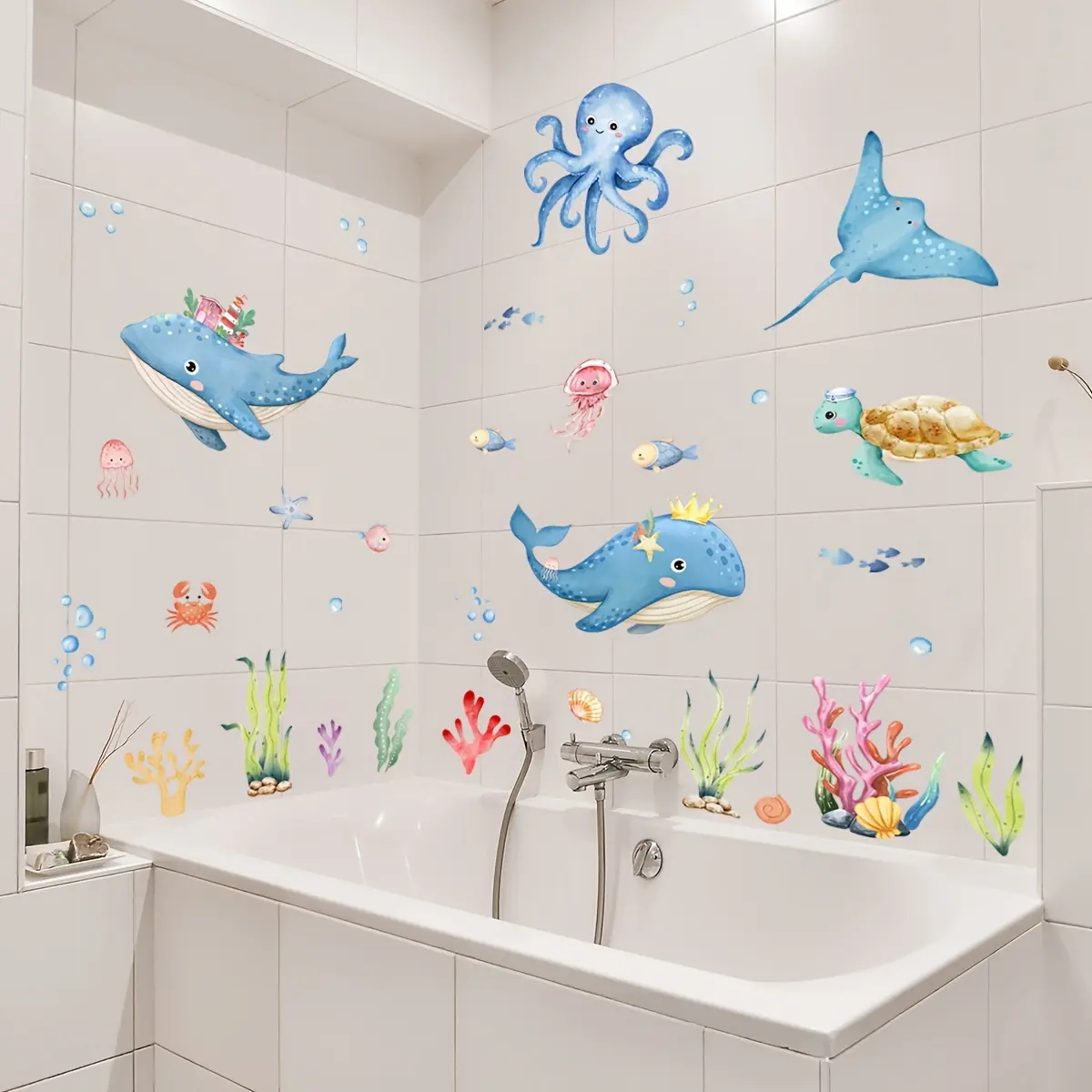 A set of 2 (30*60cm*2pcs) Underwater World Shark, Jellyfish and Turtle Bathroom Toilet Decorative Stickers, Bathroom Bathtub Decals, Bathtub Appliques, Washbasin Home Decor Wall Stickers, Bathroom Decorations, Bathroom Accessories, Bathroom Decor Supplies