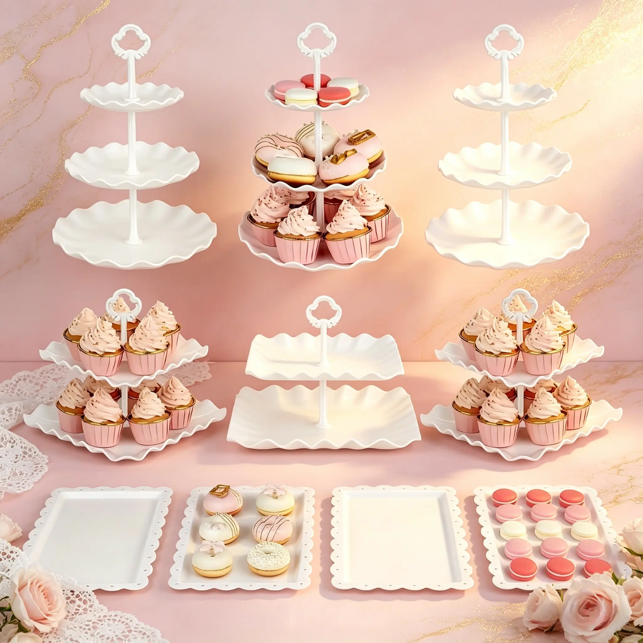 10pcs Dessert Table Display Set 3-Tier Wavy Cupcake Stands 2-Tier Fruit Stands 4 Cookie，Dessert Display Stands Set for Wedding Birthday Party Baby ShowerTea Party，Children's Day party