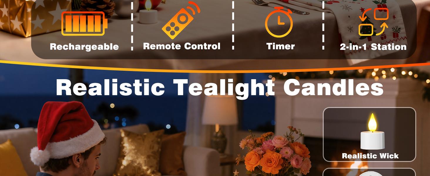 12pcs Rechargeable USB-C LED Flameless Tealight Candle with Remote Control, Charging Station, Timer for Halloween, Christmas Indoor Home Table Glass Jars or Candle Holders, Candles