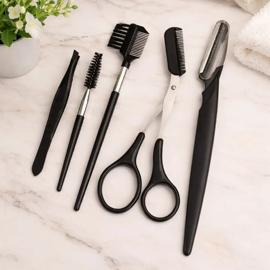 5-Piece Professional Eyebrow Grooming Kit, Stainless Steel Tools with Tweezers, Scissors & Razor for Salon-Quality Shaping, Compact, Facial Hair Grooming, Beginners, Beauty Care Tool, Cosmetic, Eyebrow Styling Kit, Durable, Trim Shape, Long Lasting, Home,