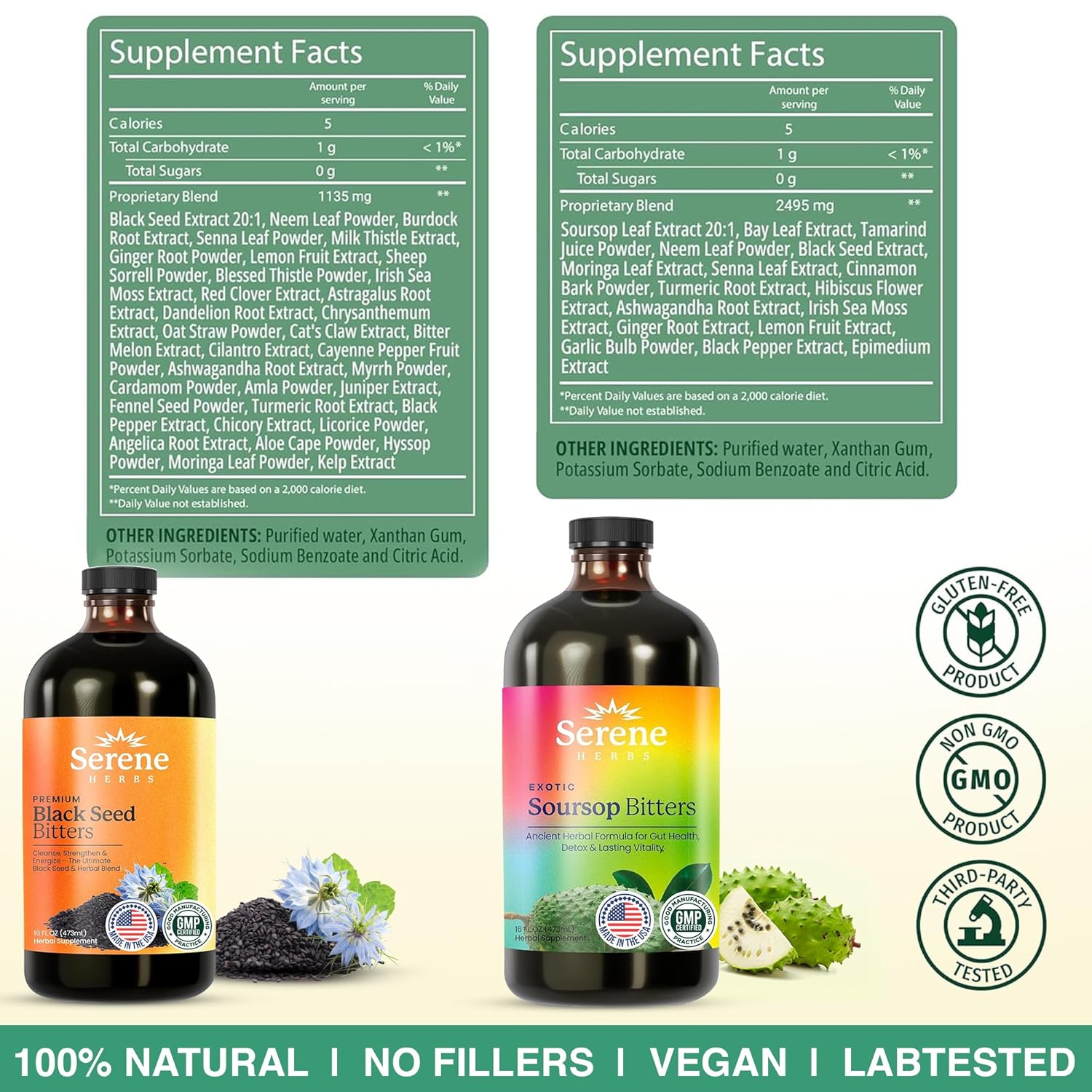 Serene Herbs Soursop & Black Seed Bitters Bundle | Organic Herbal Detox for Digestive Health Gut Healthy Booster Immune Support & Energy | Non-GMO, Vegan (32 fl oz, 16 fl oz Each)