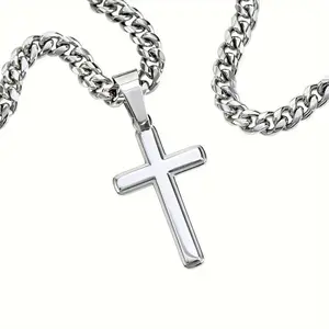 Men's Cross Pendant Cuban Link Chain - Premium Stainless Steel Jewelry Gift Set with Elegant Box & Greeting Card, Ideal for Son Grandson Birthday Christmas Holiday