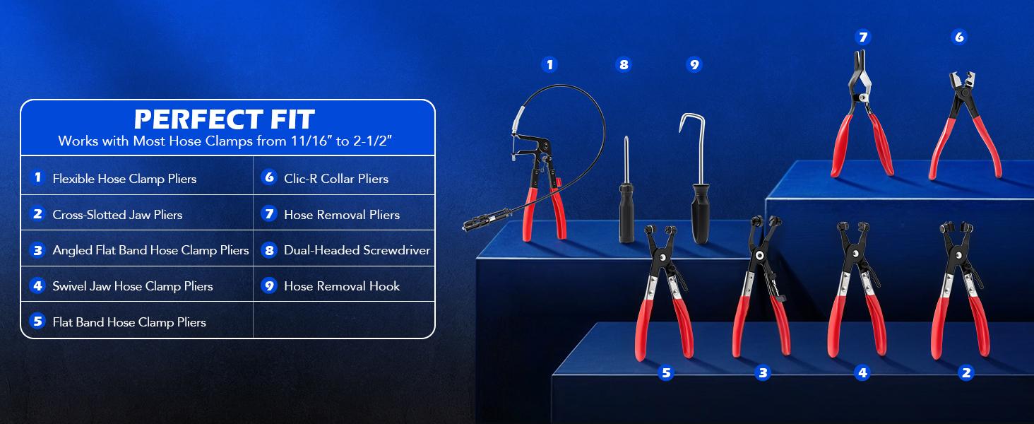 9PCS Hose Clamp Pliers, Long Reach Hose Clamp Tool Remover for Water Hose and Automotive Coolant Radiator Heater with Flexible Wire Long Reach Hose Clamp and Flat Band Pliers Multifunctional Pipe Clamp for Car Repair,Car accessories
