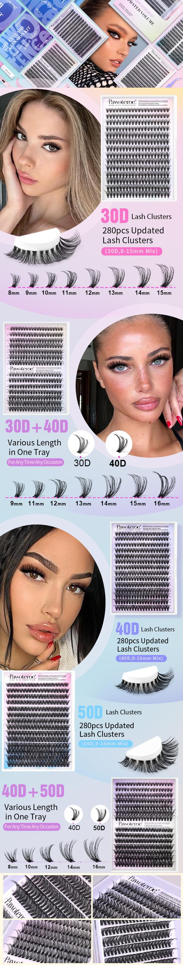 Pawotence Upgrade Lash Extension Kit DIY 280pcs Individual Lash Clusters Kit 30D&40D Cluster Eyelash Extensions Kit with Lash Bond and Seal, Lash Remover, Lash Tweezers for Self Use