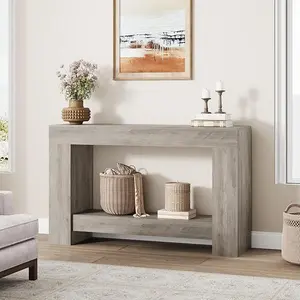 47" Farmhouse Console Table with 2 Tiers and Storage – Large Wooden Sofa Table for Entryway, Hallway and Living Room，Grey
