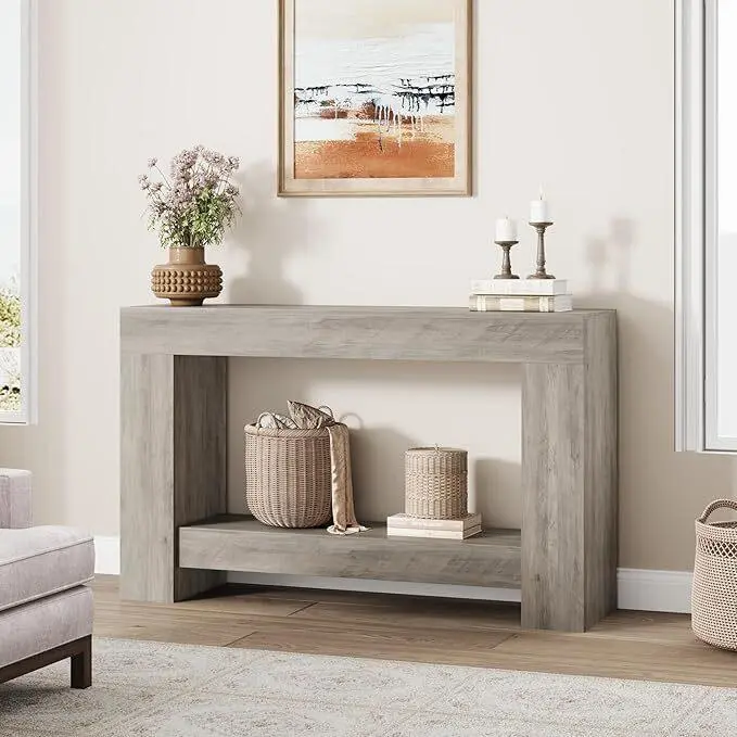 GARVEE 47" Farmhouse Console Table with 2 Tiers and Storage – Large Wooden Sofa Table for Entryway, Hallway and Living Room，Grey