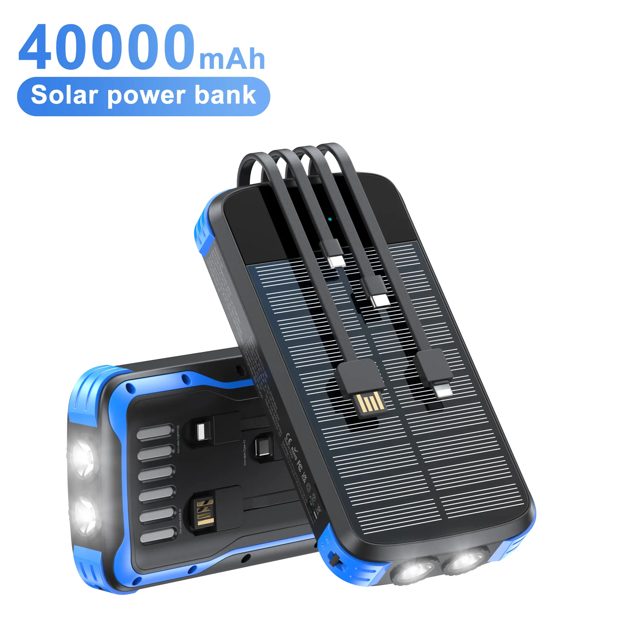 Diamuar 40000mAh Solar Portable Charger - 4-in-1 Built-in Cables, Waterproof, 4-Mode LED Flashlight, High-Speed Charging for iPhone, Samsung, Android Mobile Phones - EDC Gear for Camping, Travel, On the Road, Back to School,back to school haul