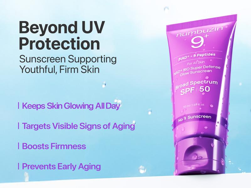 [numbuzin official shop] No.9 Sunscreen | NAD+ BIO Super Defense Glow Sunscreen | Broad Spectrum SPF 50 | Glowing, Moisturizing, Natural Finish | Korean Skincare, Glass Skin | Peptides, Collagen, NAD | 1.69 fl. oz.