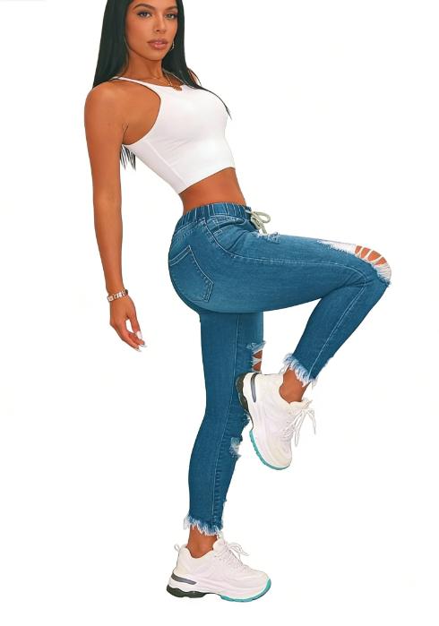 Women's High Waist Skinny Stretch Ripped Jeans Destroyed Denim Pants Plus Size Comfortable Material Fashionable Buttlifting Distressed Look