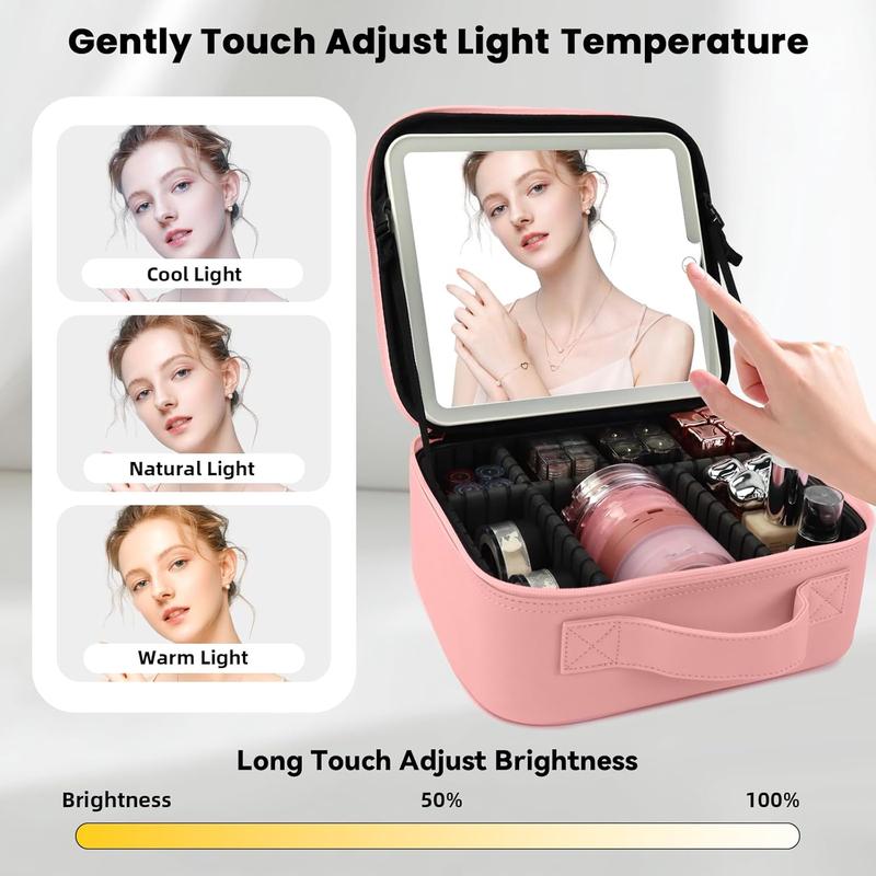 Makeup Case with LED Mirror,Makeup Organizer Bag Travel Makeup Case Large Makeup Bag With Rechargeable Mirror 3 Color Lights Detachable Mirror for Women Beauty Tools Accessories（Pink）