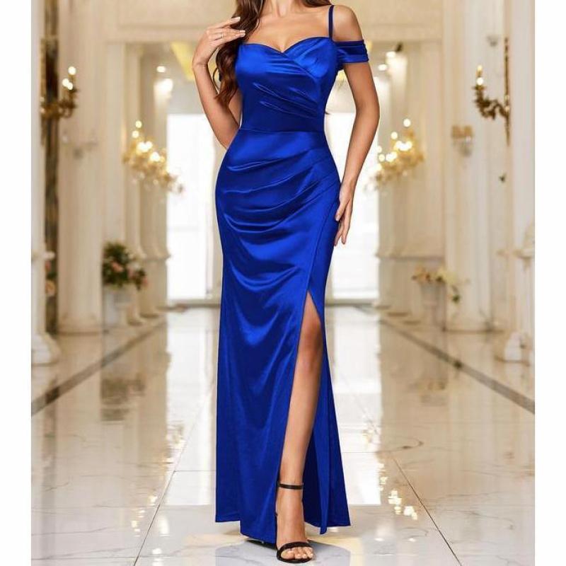 Off Shoulder Satin Slit Maxi Dress Women Formal Evening Party Guest Navy Blue Wrap Ruching Spaghetti Strap Wedding Graduation Bridesmaid Workwear Minimalist Elegant X1445 Off Shoulder Satin Slit Maxi Dress Women Formal Evening Party Guest Navy Blue Wrap Ruching Spaghetti Strap Wedding Graduation Bridesmaid Workwear Minimalist Elegant X1445