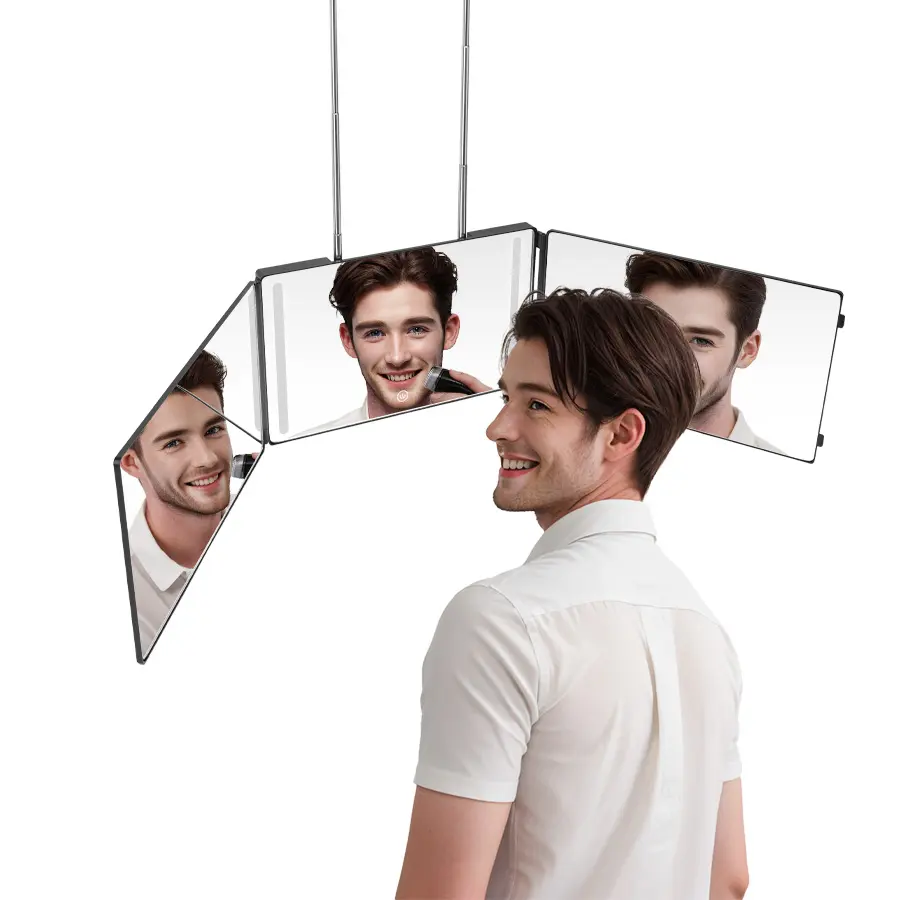 3 Way LED Makeup Haircut Mirror 360° View Folding Vanity Mirrors with Touch Dimming Rechargeable Wall-Mountable for Self Haircuts & Trims Door & Bathroom Hanging Options