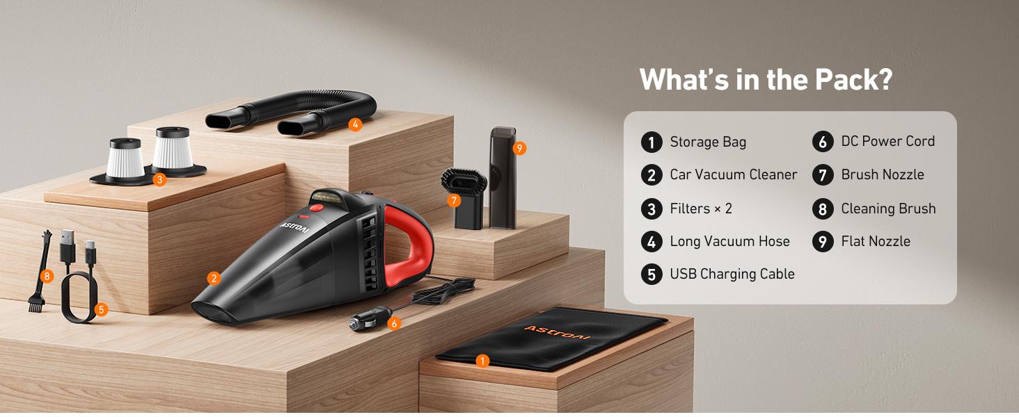 AstroAI Handheld Car Vacuum Cordless with Accessories, Portable Vacuum Cleaner with 12V DC Power, LED Light, Brush, Extended Suction Pipe, Hose, Mini Handheld for Car, Home, Office, and Pet Hair, Red
