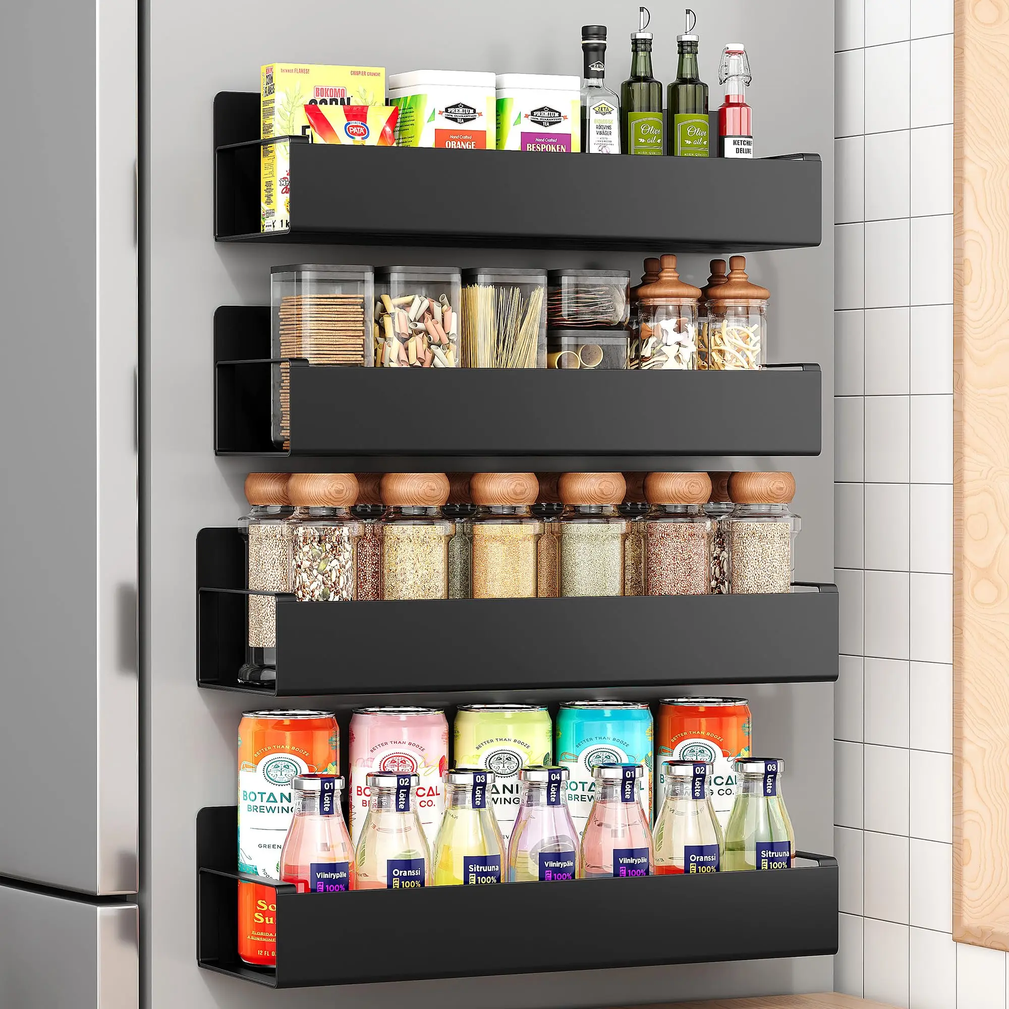 Magnetic Spice Rack with Movable Hooks for Refrigerator, Magnetic Shelves Storage Seasoning Organizer for Fridge