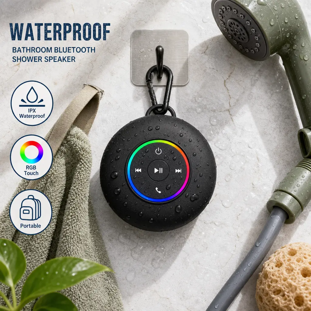 IPX4 Waterproof Bluetooth Shower Speaker with LED Light, Wireless Mini Speaker, Built‑in Mic, Suction Cup, Portable Design for Shower, Pool, Travel & Outdoor Use, Black Audio Button