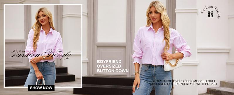 Womens Button Down Shirts Striped Smocked Cuff Long Sleeve Blouses with Pocket Casual Collar Office Work Tops