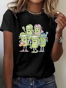 Women's Pickleball Playing Pickles Print T-Shirt - Short Sleeve Crew Neck Casual Top with Cartoon Character Design, Breathable Medium-Stretch Fabric, Machine Washable for Summer & Spring, Sporty Lifestyle Apparel, Fun Graphic Tee, Comfortable Stretch Fit,