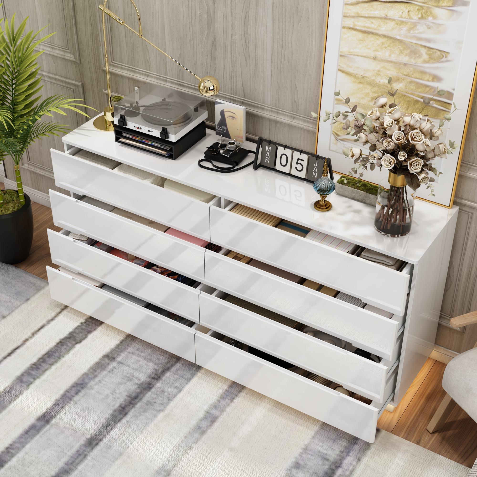 FUFU&GAGA 63" Modern LED Dresser with 8 Drawers & Glossy Surface - Glowing Storage Cabinet Organizer for Bedroom Furniture Organization Aesthetic Minimal